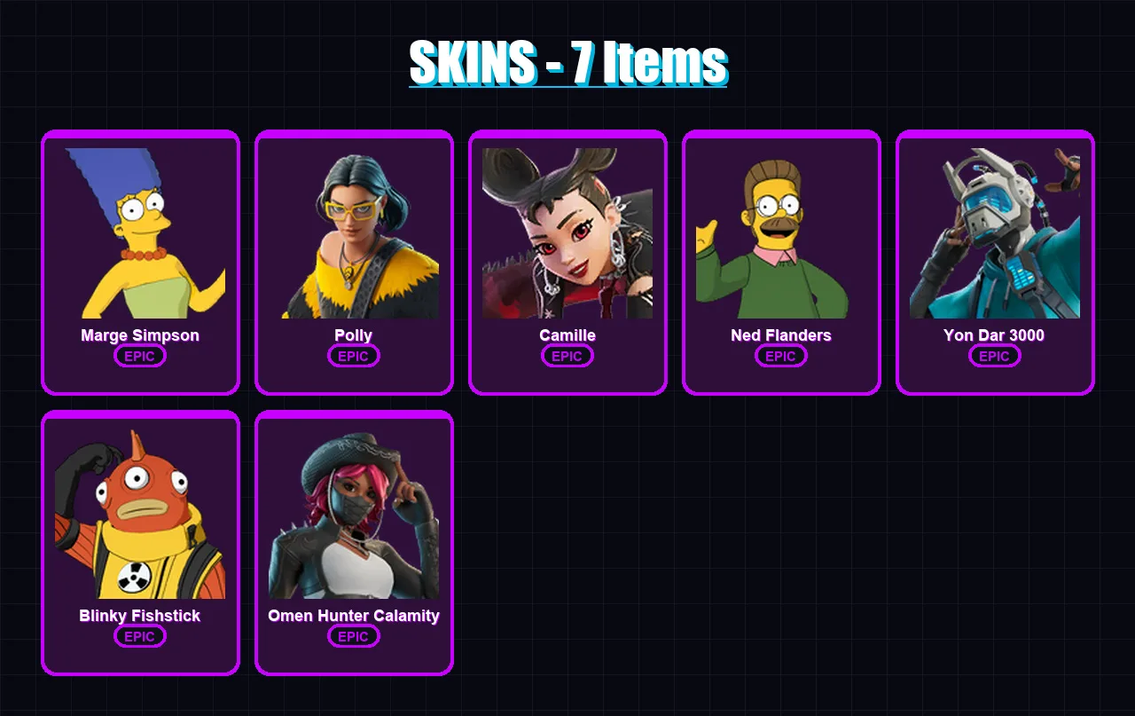 [PC/XBOX/PSN] | Marge Simpson | Polly | Camille | Ned Flanders | Yon Dar 3000 | 7 skin | 17 pickaxe | 11 emote | 11 glider | Lv79