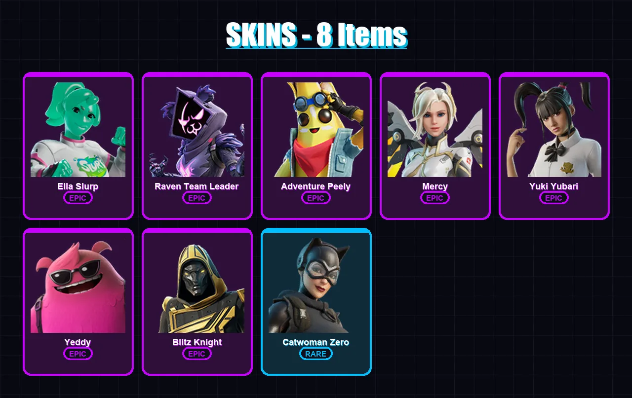 [PC/XBOX/PSN] | Ella Slurp | Raven Team Leader | Adventure Peely | Mercy | Yuki Yubari | 8 skin | 17 pickaxe | 8 emote | 13 glider | Lv147