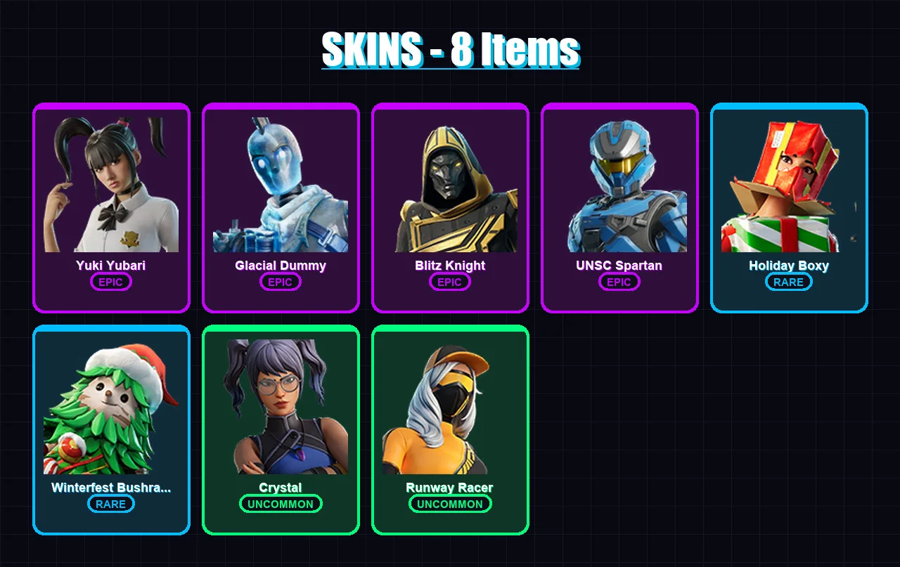 [PC/XBOX] | Yuki Yubari | Glacial Dummy | Blitz Knight | UNSC Spartan | Holiday Boxy | 8 skin | 77 pickaxe | 33 emote | 50 glider | Lv1037
