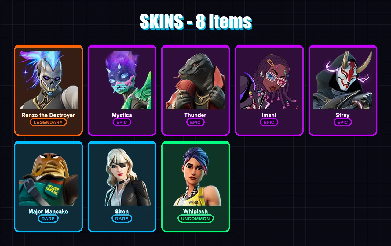 [PC/XBOX/PSN] | Renzo the Destroyer | Mystica | Thunder | Imani | Stray | 8 skin | 20 pickaxe | 14 emote | 20 glider | Lv385