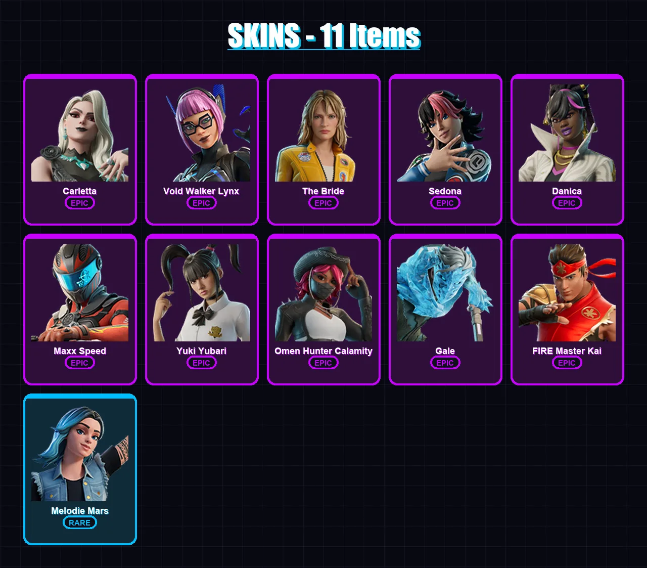 [PC/PSN] | Carletta | Void Walker Lynx | The Bride | Sedona | Danica | 11 skin | 6 pickaxe | 4 emote | 3 glider | Lv11