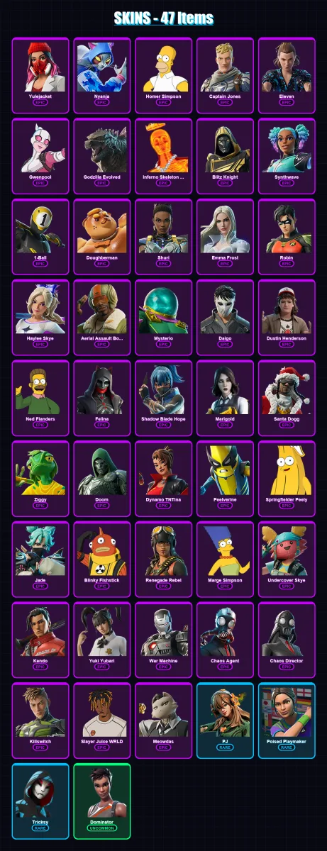 [PS4/PS5/XBOX/PC] | Yulejacket | Nyanja | Homer Simpson | Captain Jones | Eleven | 47 skin | 89 pickaxe | 52 emote | 65 glider | Lv974
