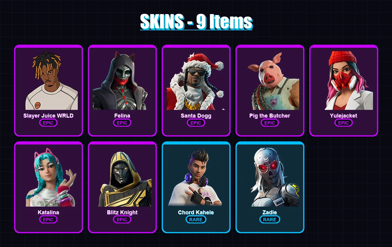 [PC/PSN] | Slayer Juice WRLD | Felina | Santa Dogg | Pig the Butcher | Yulejacket | 9 skin | 36 pickaxe | 16 emote | 25 glider | Lv340