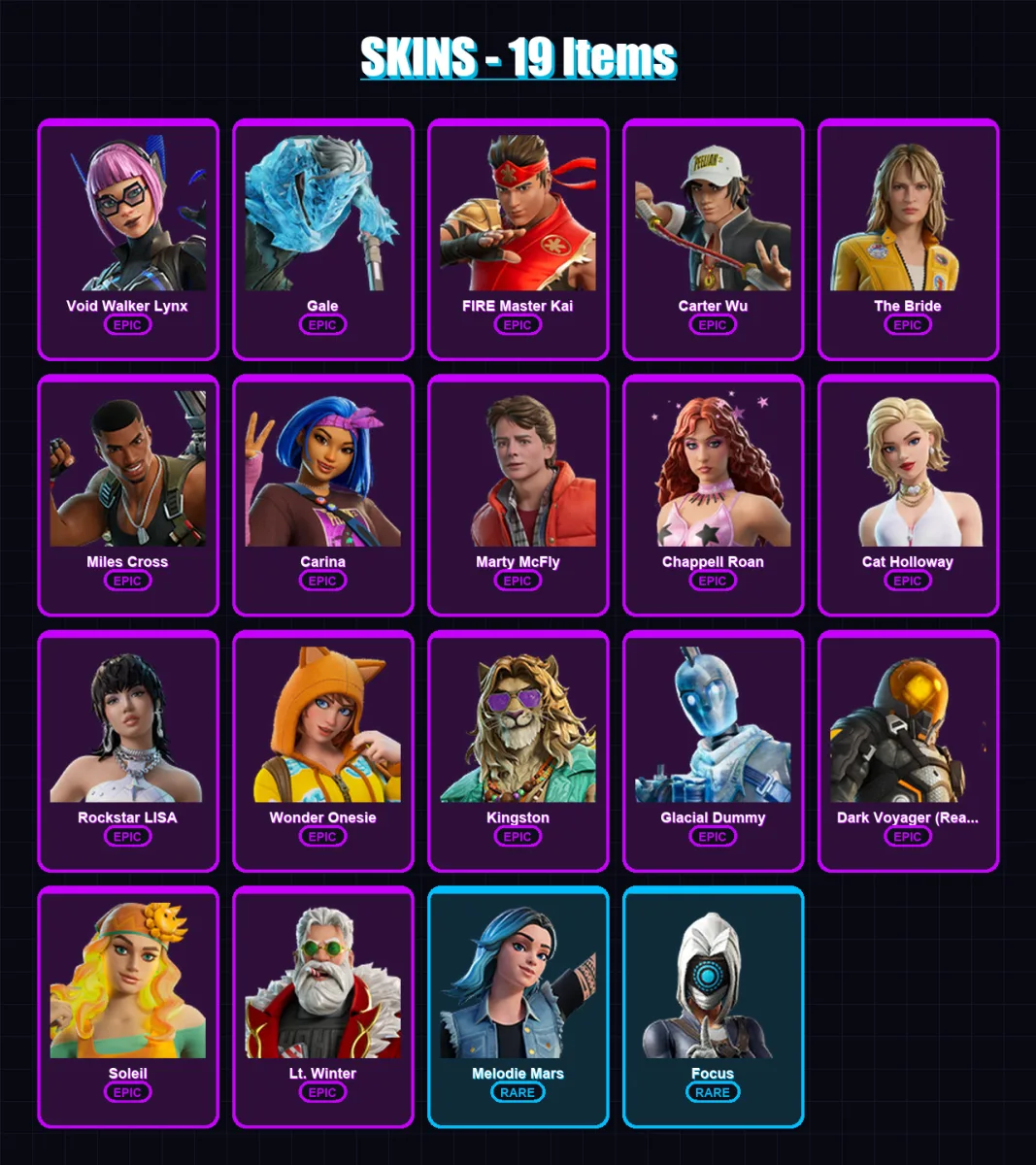 [PC/PSN] | Void Walker Lynx | Gale | FIRE Master Kai | Carter Wu | The Bride | 19 skin | 37 pickaxe | 22 emote | 19 glider | Lv239