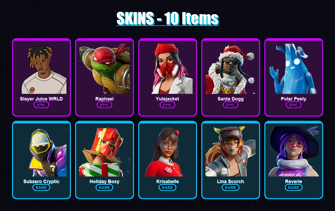 [PS4/PS5/PC] | Slayer Juice WRLD | Raphael | Yulejacket | Santa Dogg | Polar Peely | 10 skin | 28 pickaxe | 24 emote | 17 glider | Lv343