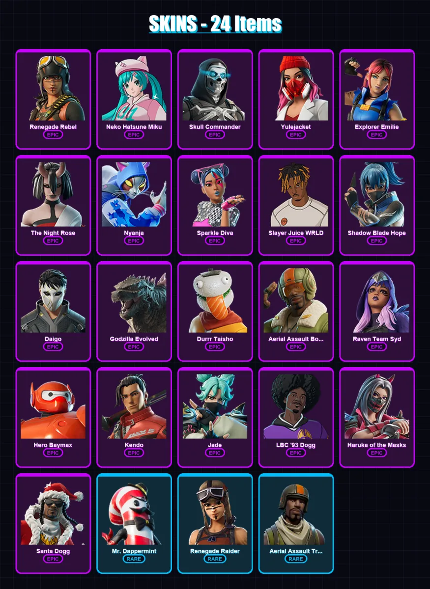[PC/XBOX] | Renegade Rebel | Neko Hatsune Miku | Skull Commander | Yulejacket | Explorer Emilie | 24 skin | 59 pickaxe | 32 emote | 37 glider | Lv38