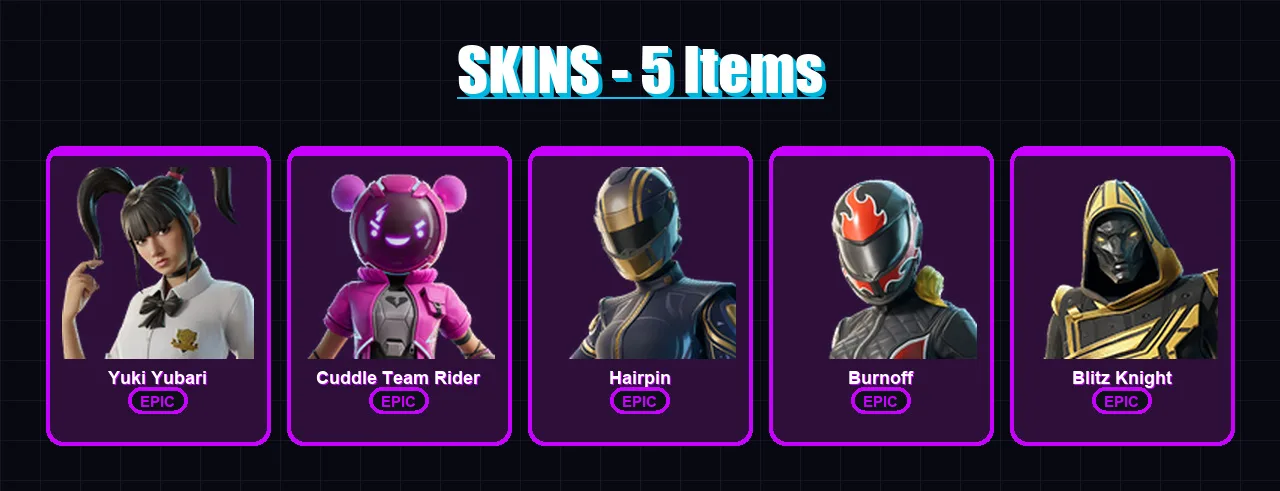 [PC/XBOX/PSN] | Yuki Yubari | Cuddle Team Rider | Hairpin | Burnoff | Blitz Knight | 5 skin | 27 pickaxe | 12 emote | 17 glider | Lv263