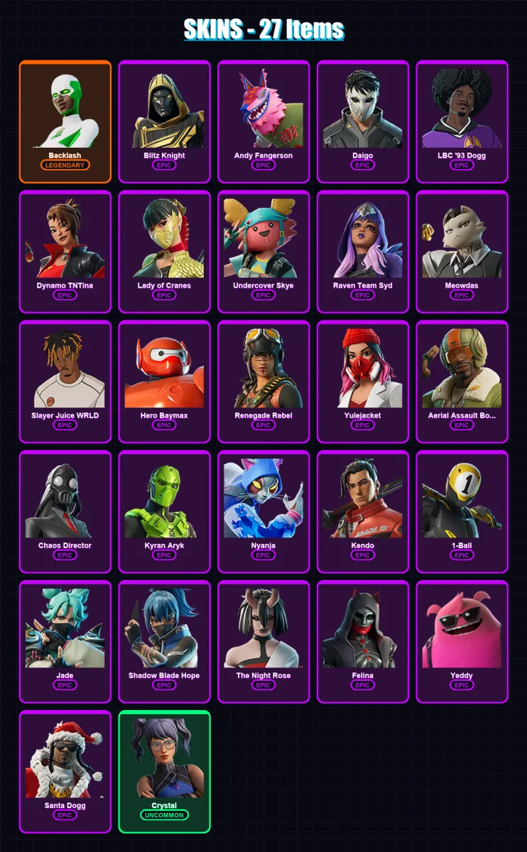[PC/XBOX/PSN] | Backlash | Blitz Knight | Andy Fangerson | Daigo | LBC '93 Dogg | 27 skin | 69 pickaxe | 28 emote | 45 glider | Lv630
