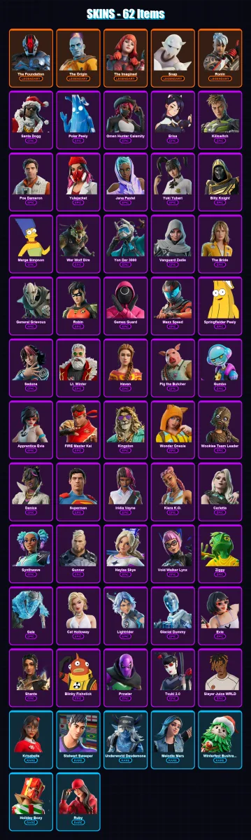 [PC] | The Foundation | The Origin | The Imagined | Snap | Ronin | 62 skin | 120 pickaxe | 62 emote | 73 glider | Lv899