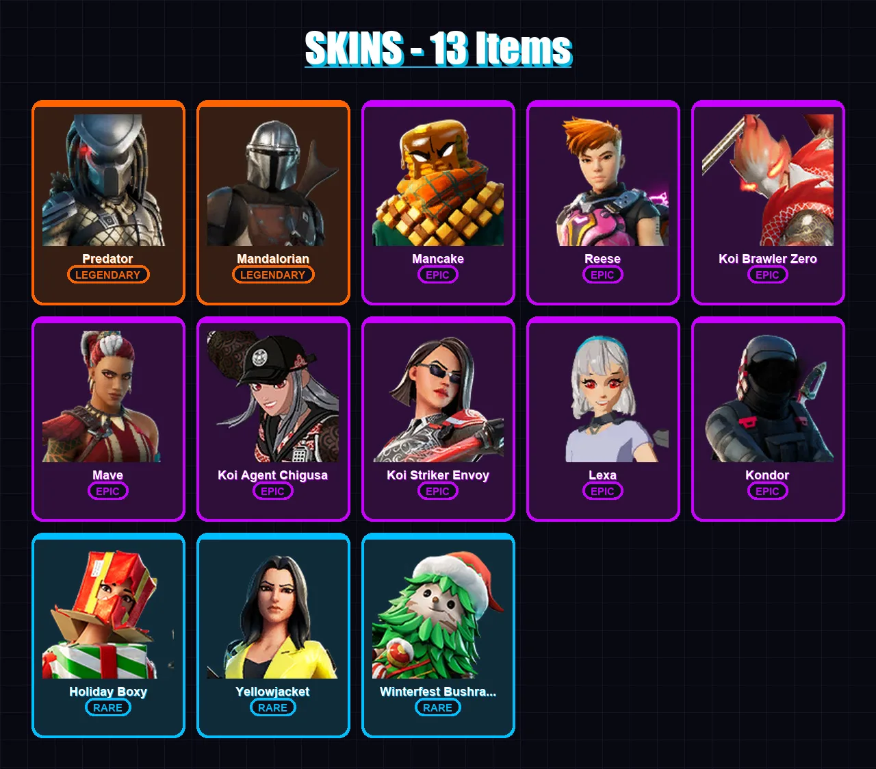 [PC/XBOX/PSN] | Predator | Mandalorian | Mancake | Reese | Koi Brawler Zero | 13 skin | 19 pickaxe | 12 emote | 19 glider | Lv331