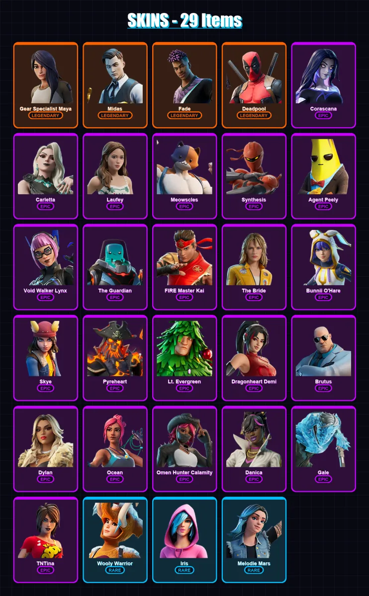 [PC/PSN] | Gear Specialist Maya | Midas | Fade | Deadpool | Corascana | 29 skin | 29 pickaxe | 21 emote | 20 glider | Lv272
