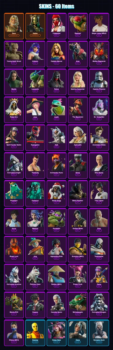 [PS4/PS5/PC] | Zeus | Hades | Yulejacket | Raphael | Slayer Juice WRLD | 60 skin | 90 pickaxe | 43 emote | 34 glider | Lv516