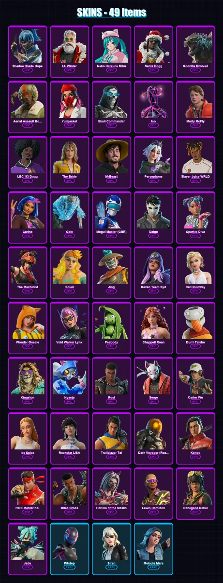 [PC/XBOX] | Shadow Blade Hope | Lt. Winter | Neko Hatsune Miku | Santa Dogg | Godzilla Evolved | 49 skin | 55 pickaxe | 41 emote | 30 glider | Lv239