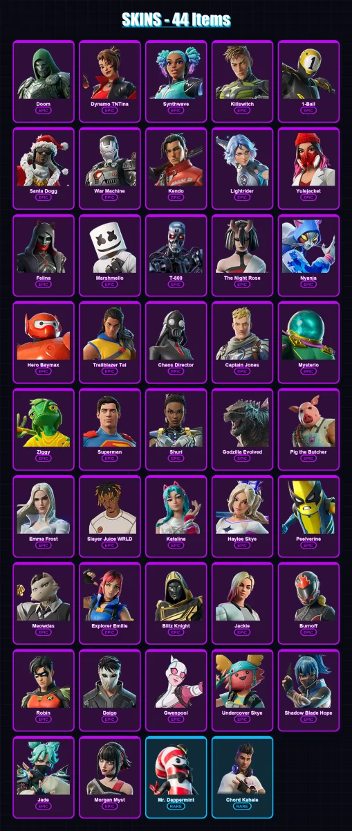 [PC/XBOX/PSN] | Doom | Dynamo TNTina | Synthwave | Killswitch | 1-Ball | 44 skin | 86 pickaxe | 44 emote | 49 glider | Lv689