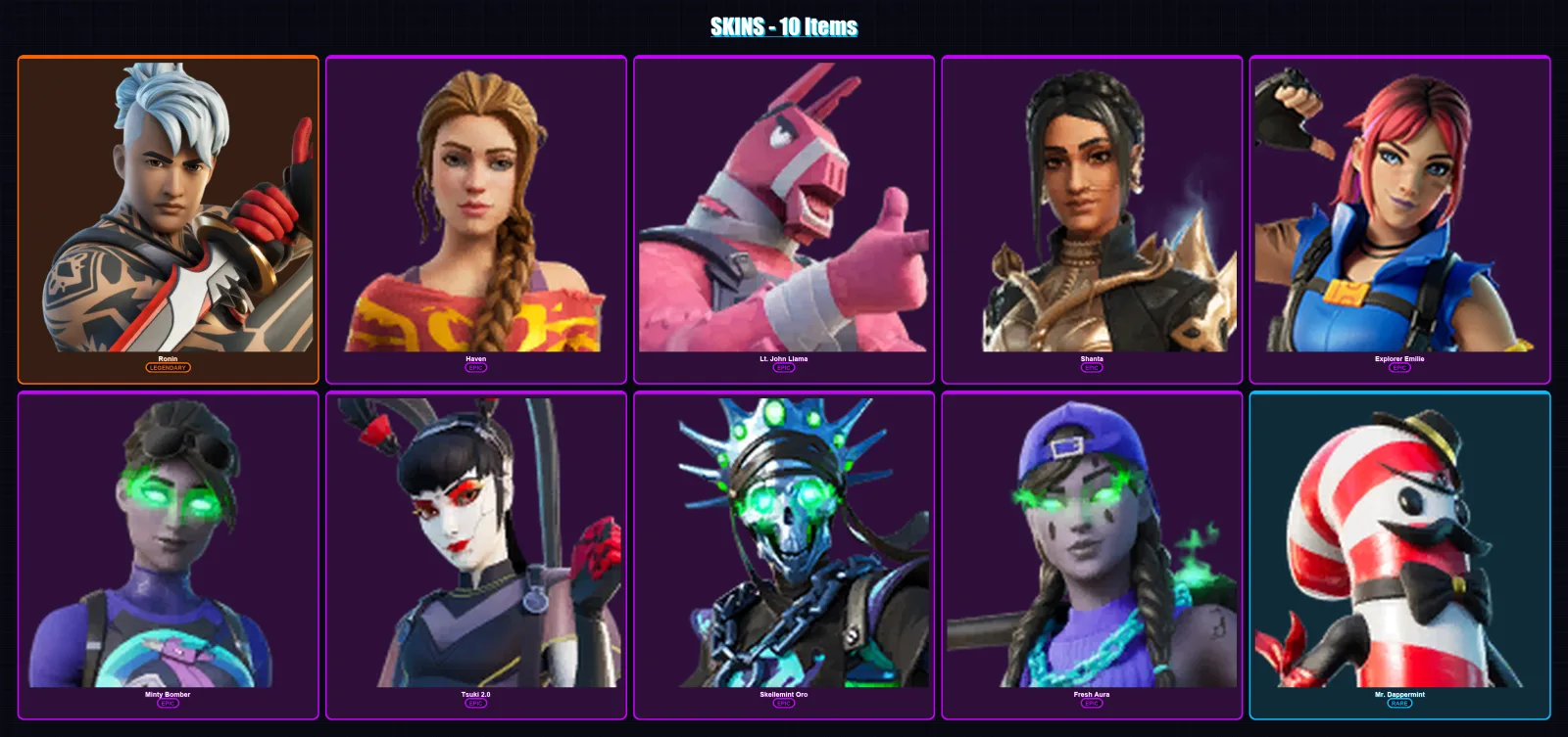 [PC/PSN] | Ronin | Haven | Lt. John Llama | Shanta | Explorer Emilie | 10 skin | 9 pickaxe | 7 emote | 7 glider | Lv64