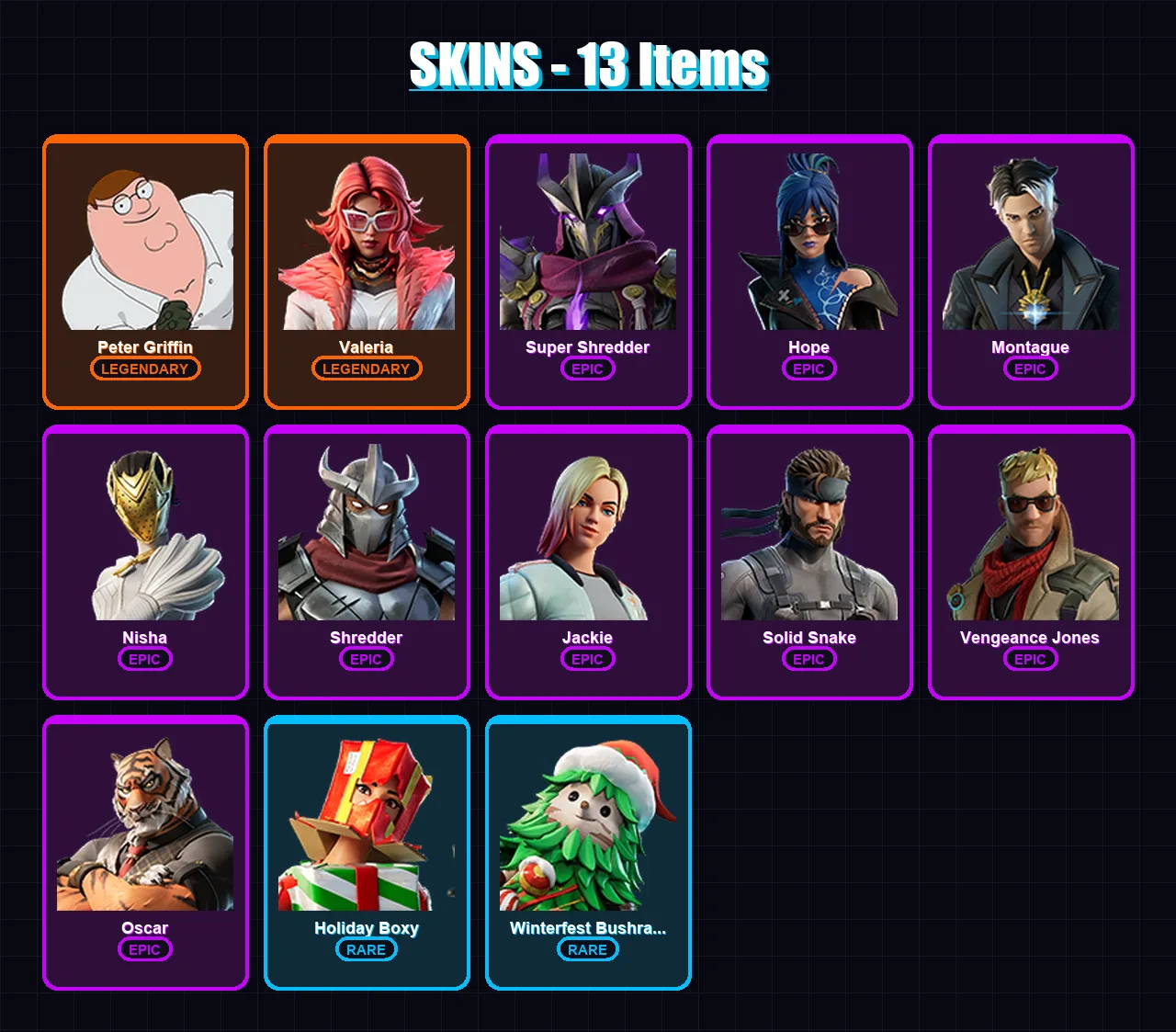 [PC/XBOX/PSN] | Peter Griffin | Valeria | Super Shredder | Hope | Montague | 13 skin | 12 pickaxe | 14 emote | 12 glider | Lv187
