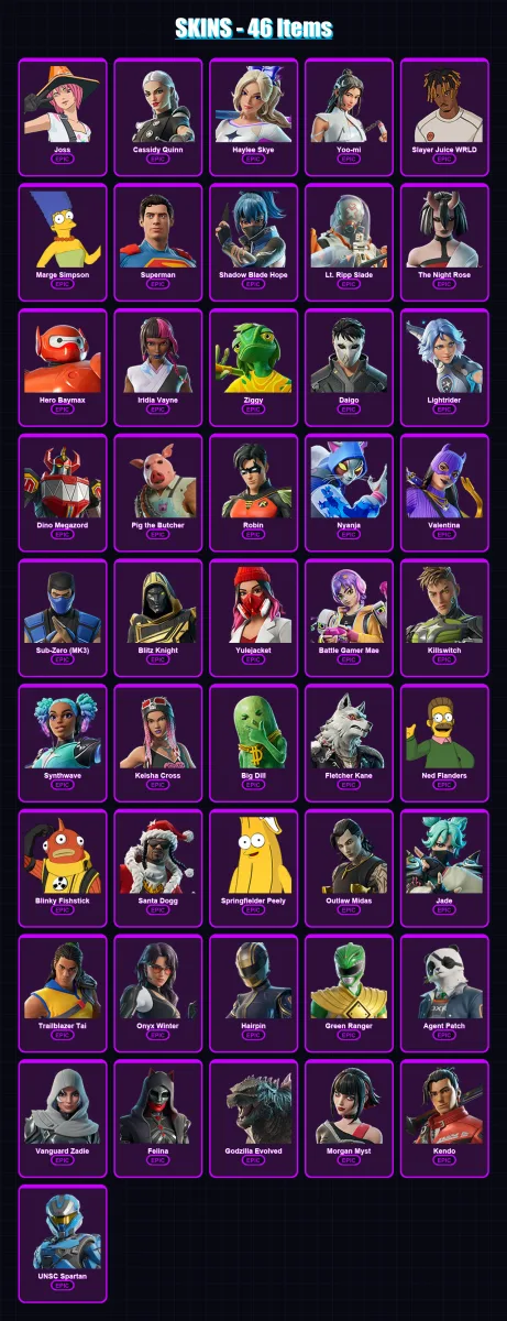 [PS4/PS5/XBOX/PC] | Joss | Cassidy Quinn | Haylee Skye | Yoo-mi | Slayer Juice WRLD | 46 skin | 99 pickaxe | 53 emote | 69 glider | Lv1286