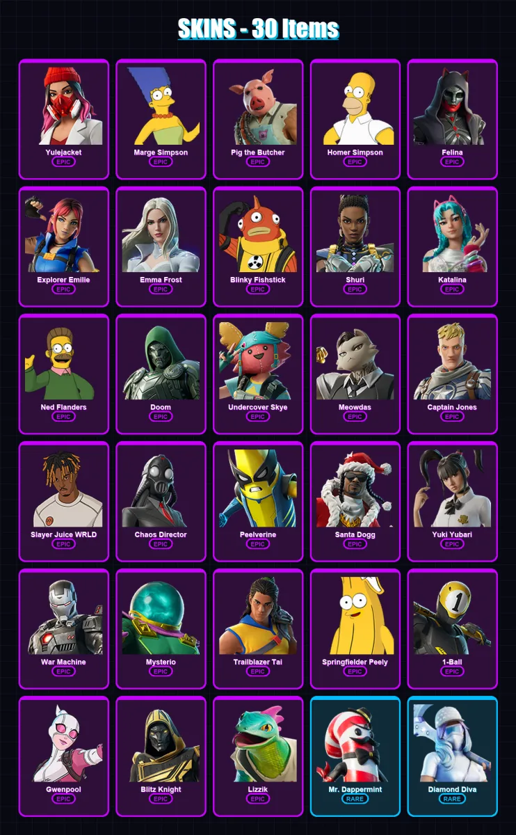 [PC/PSN] | Yulejacket | Marge Simpson | Pig the Butcher | Homer Simpson | Felina | 30 skin | 74 pickaxe | 36 emote | 48 glider | Lv684