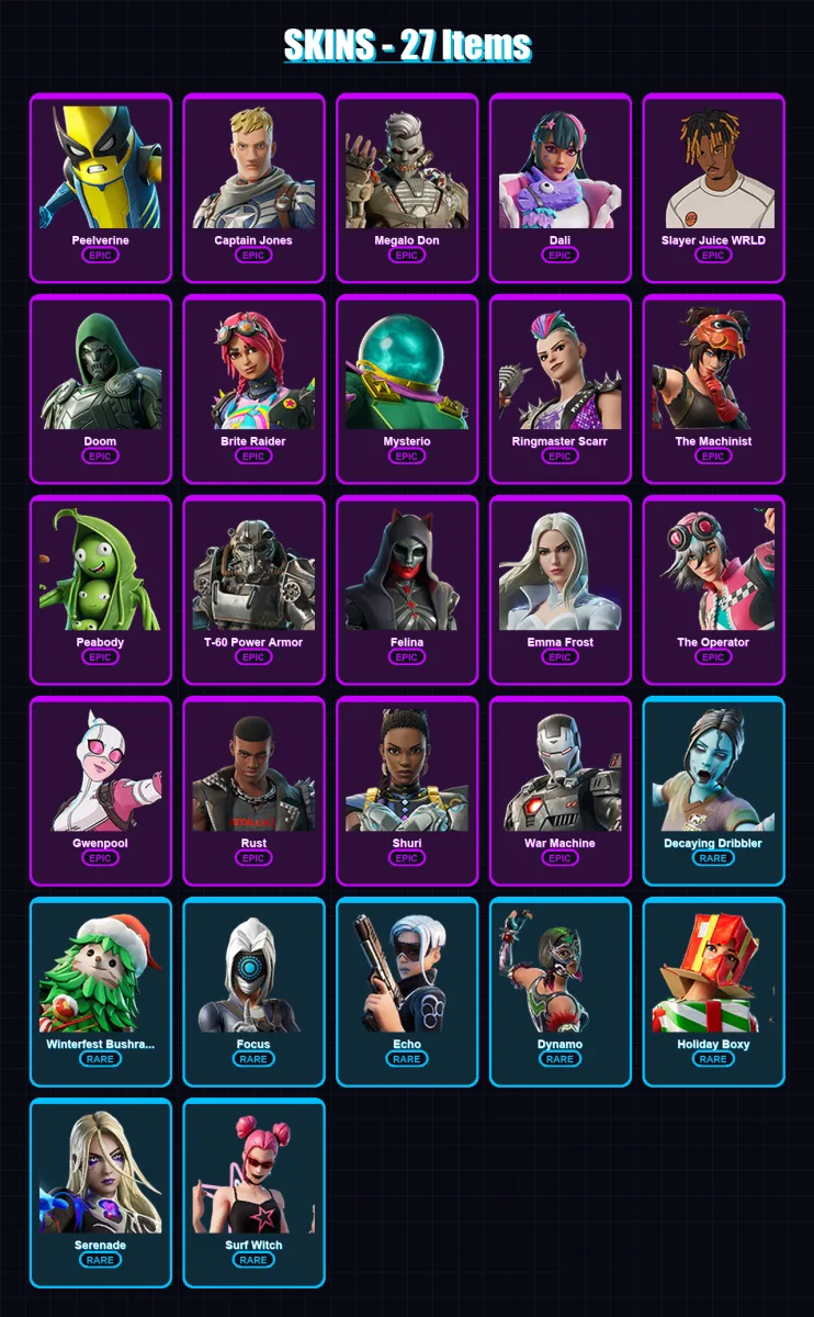 [PC/XBOX/PSN] | Peelverine | Captain Jones | Megalo Don | Dali | Slayer Juice WRLD | 27 skin | 37 pickaxe | 26 emote | 24 glider | Lv532