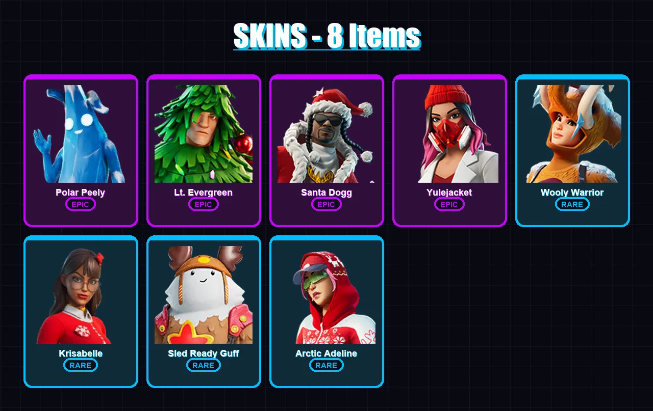 [PC/PSN] | Polar Peely | Lt. Evergreen | Santa Dogg | Yulejacket | Wooly Warrior | 8 skin | 17 pickaxe | 12 emote | 17 glider | Lv224