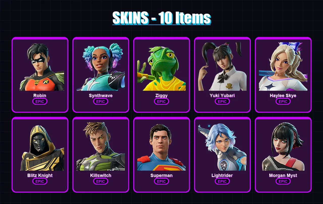 [PC/XBOX/PSN] | Robin | Synthwave | Ziggy | Yuki Yubari | Haylee Skye | 10 skin | 30 pickaxe | 21 emote | 27 glider | Lv321