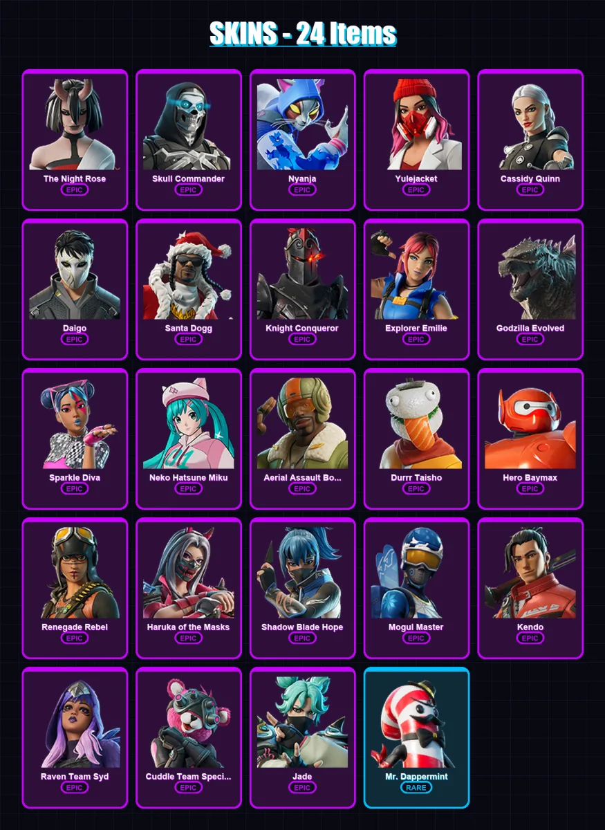 [PC/XBOX/PSN] | The Night Rose | Skull Commander | Nyanja | Yulejacket | Cassidy Quinn | 24 skin | 32 pickaxe | 23 emote | 21 glider | Lv359 — Fortnite account