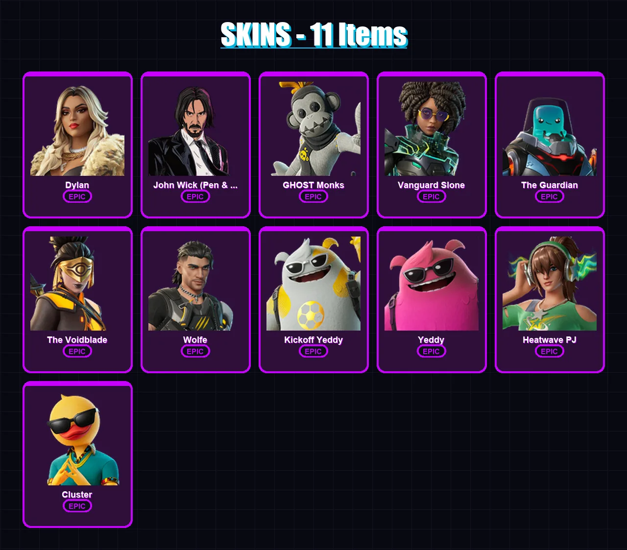 [PC/XBOX] | Dylan | John Wick (Pen & Ink) | GHOST Monks | Vanguard Slone | The Guardian | 11 skin | 30 pickaxe | 21 emote | 26 glider | Lv577