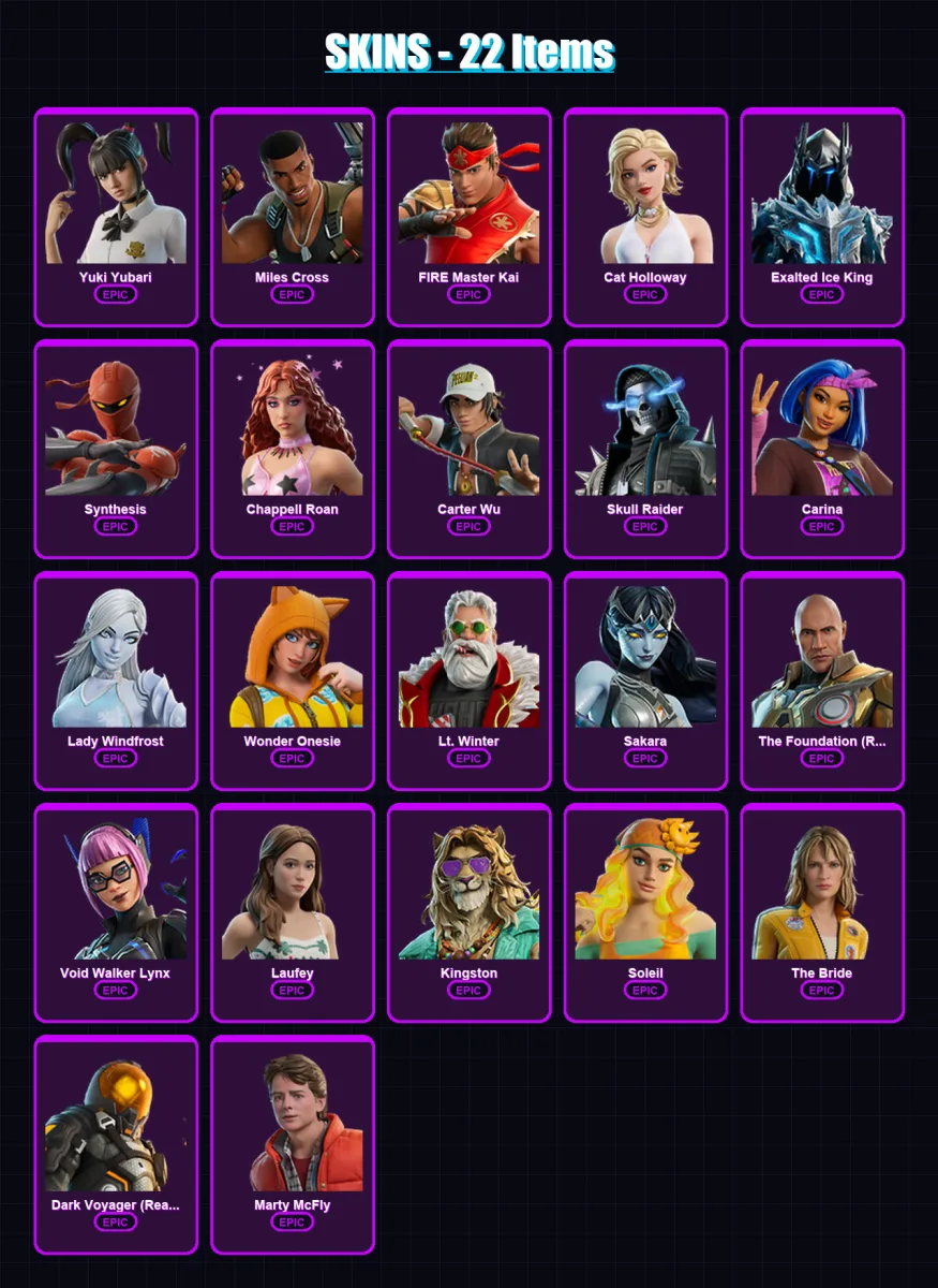 [PC/XBOX/PSN] | Yuki Yubari | Miles Cross | FIRE Master Kai | Cat Holloway | Exalted Ice King | 22 skin | 33 pickaxe | 23 emote | 27 glider | Lv169
