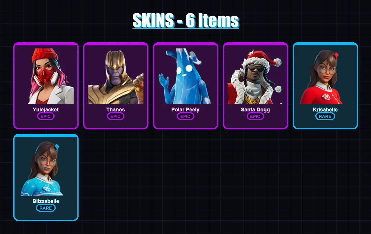 [PC/XBOX] | Yulejacket | Thanos | Polar Peely | Santa Dogg | Krisabelle | 6 skin | 14 pickaxe | 11 emote | 12 glider | Lv123