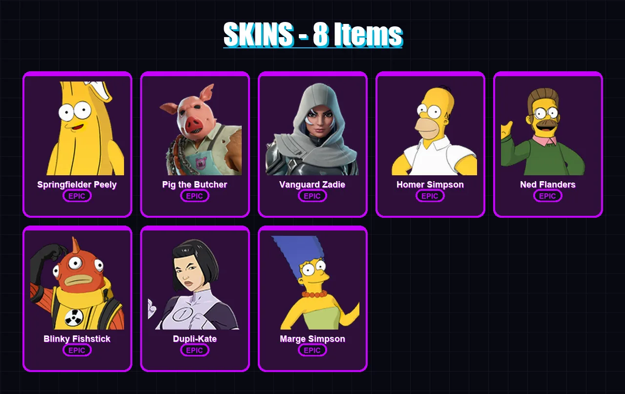 [PC/XBOX/PSN] | Springfielder Peely | Pig the Butcher | Vanguard Zadie | 8 skin | Lv707