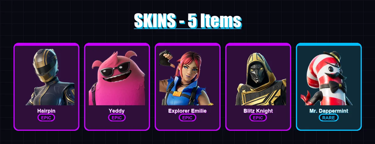 [PC/XBOX/PSN] | Hairpin | Yeddy | Explorer Emilie | Blitz Knight | Mr. Dappermint | 5 skin | 25 pickaxe | 11 emote | 16 glider | Lv194