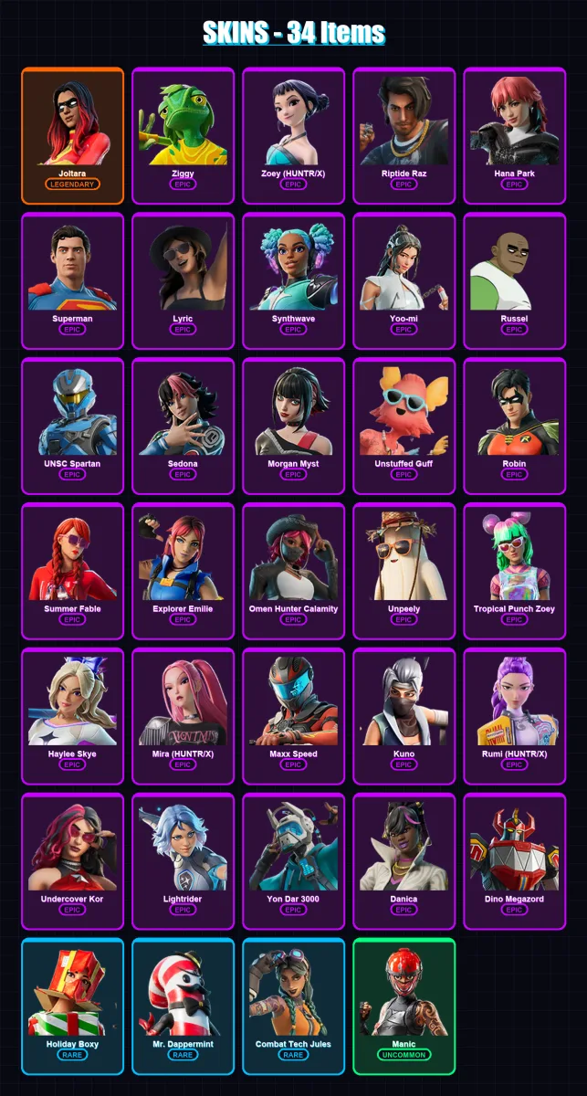 [PC/PSN] | Joltara | Ziggy | Zoey (HUNTR/X) | Riptide Raz | Hana Park | 34 skin | 39 pickaxe | 32 emote | 26 glider | Lv275 — Fortnite account