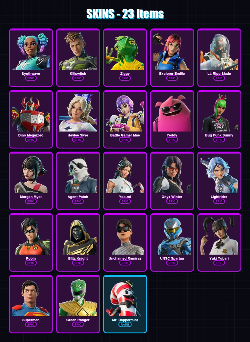 [PC/XBOX/PSN] | Synthwave | Killswitch | Ziggy | Explorer Emilie | Lt. Ripp Slade | 23 skin | 39 pickaxe | 32 emote | 30 glider | Lv680