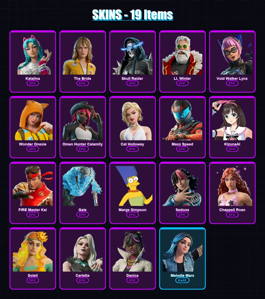 [PC/PSN] | Katalina | The Bride | Skull Raider | Lt. Winter | Void Walker Lynx | 19 skin | 17 pickaxe | 11 emote | 11 glider | Lv59