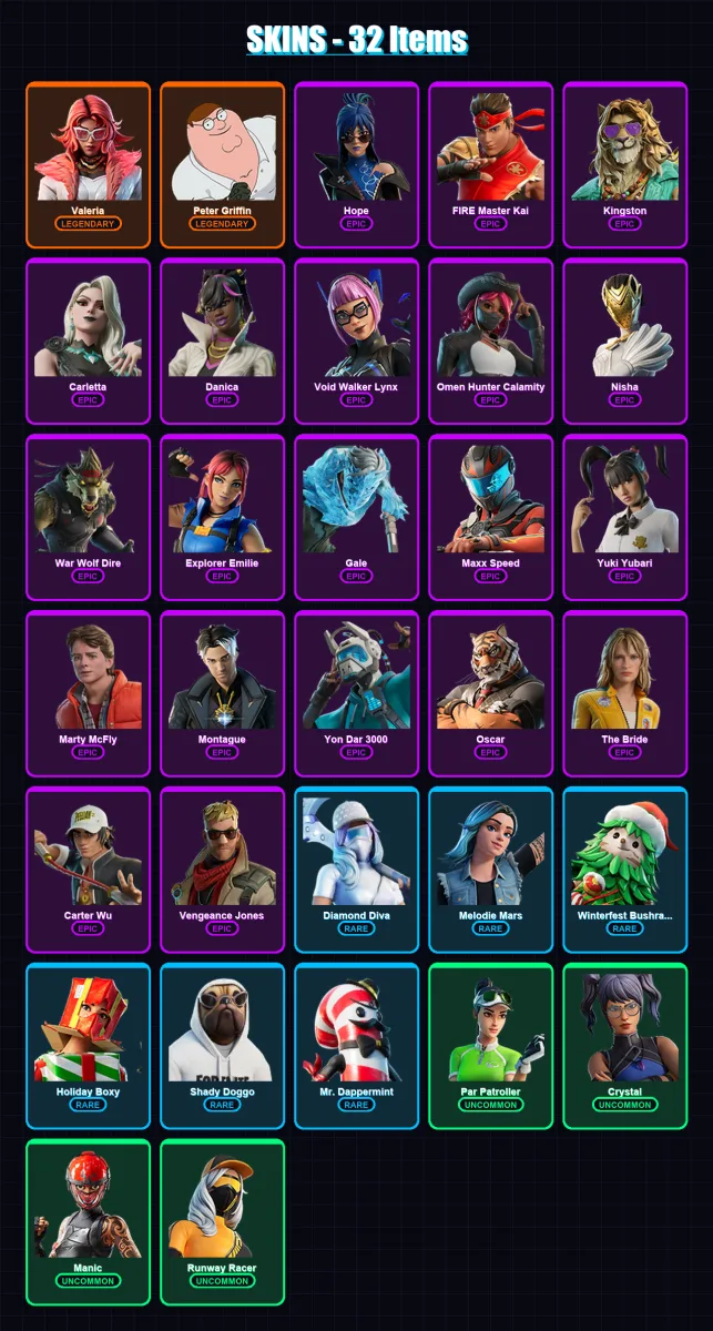 [PC/XBOX/PSN] | Valeria | Peter Griffin | Hope | FIRE Master Kai | Kingston | 32 skin | 33 pickaxe | 28 emote | 20 glider | Lv252