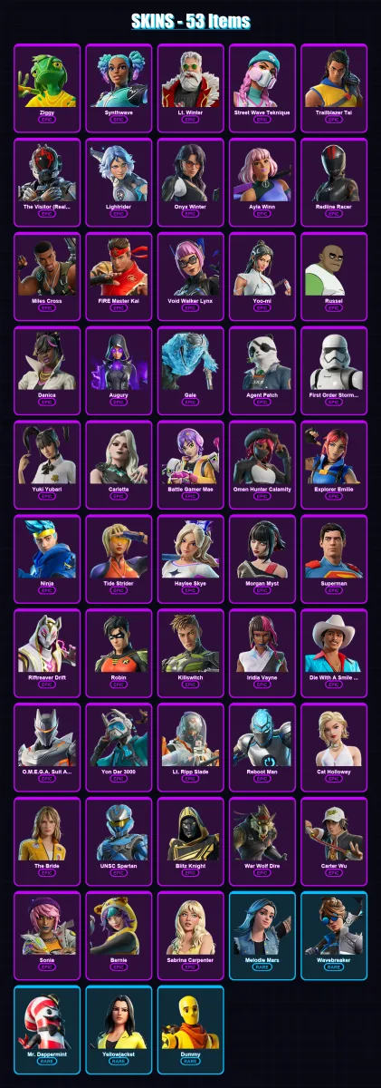[PC/XBOX] | Ziggy | Synthwave | Lt. Winter | Street Wave Teknique | Trailblazer Tai | 53 skin | 73 pickaxe | 53 emote | 42 glider | Lv489 — Fortnite account