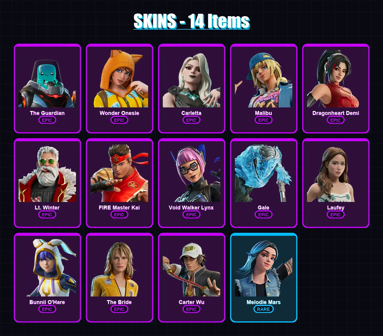 [PC/PSN] | The Guardian | Wonder Onesie | Carletta | Malibu | Dragonheart Demi | 14 skin | 16 pickaxe | 12 emote | 10 glider | Lv53