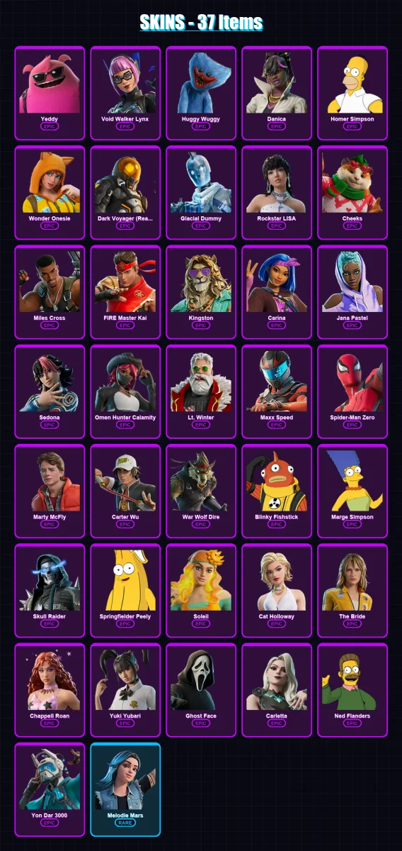 [PC/PSN] | Yeddy | Void Walker Lynx | Huggy Wuggy | Danica | Homer Simpson | 37 skin | 60 pickaxe | 40 emote | 30 glider | Lv425