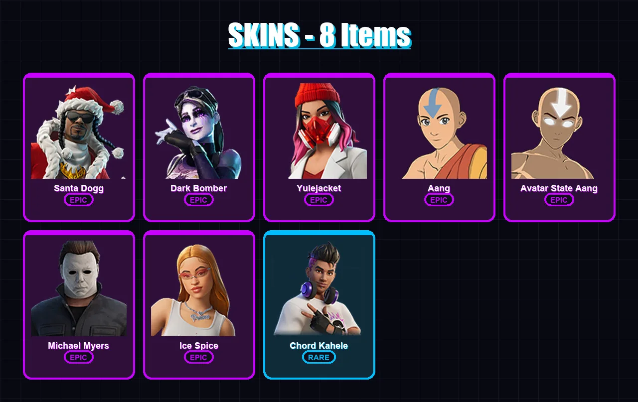 [PS4/PS5/XBOX/PC] | Santa Dogg | Dark Bomber | Yulejacket | Aang | Avatar State Aang | 8 skin | 49 pickaxe | 26 emote | 33 glider | Lv607