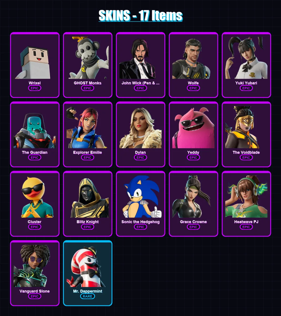 [PC/XBOX/PSN] | Wrixel | GHOST Monks | John Wick (Pen & Ink) | Wolfe | Yuki Yubari | 17 skin | 33 pickaxe | 19 emote | 23 glider | Lv485