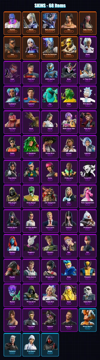 [PC/XBOX/PSN] | Kymera | Mizuki | Spire Assassin | Raz | Kado Thorne | 68 skin | 88 pickaxe | 63 emote | 82 glider | Lv1691