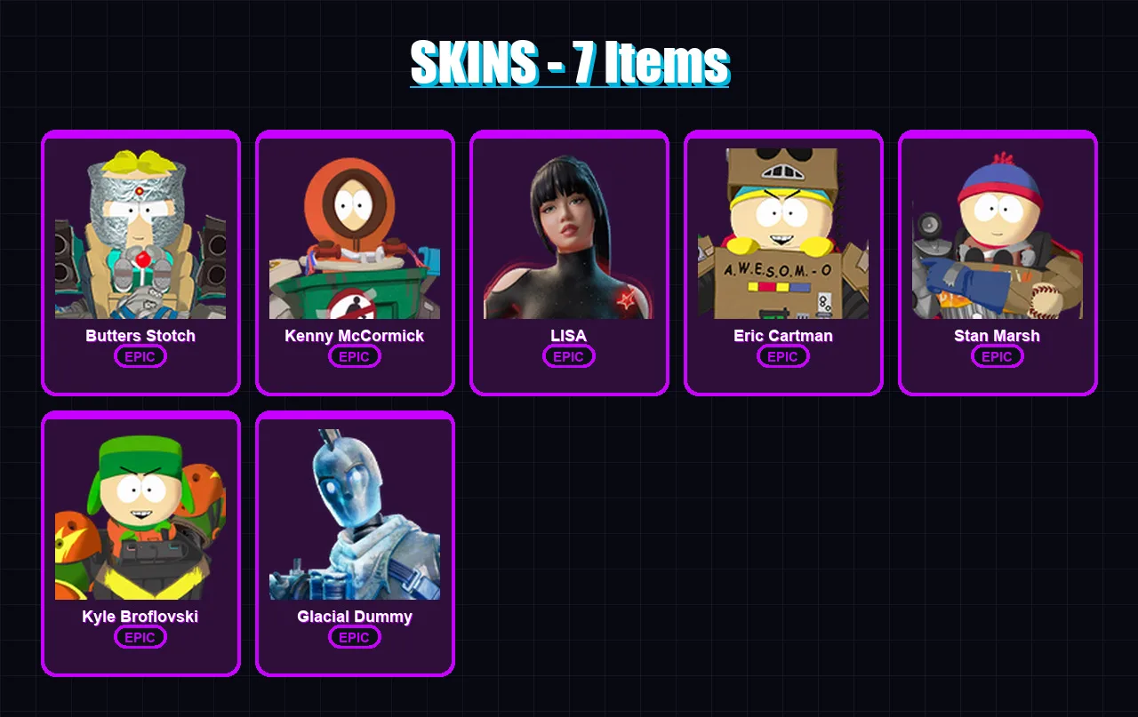 [PC/XBOX/PSN] | Butters Stotch | Kenny McCormick | LISA | Eric Cartman | Stan Marsh | 7 skin | 27 pickaxe | 16 emote | 14 glider | Lv185