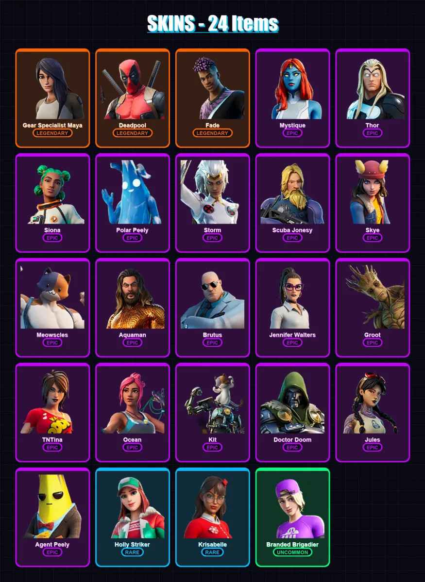 [PC/XBOX/PSN] | Gear Specialist Maya | Deadpool | Fade | Mystique | Thor | 24 skin | 35 pickaxe | 22 emote | 30 glider | Lv418