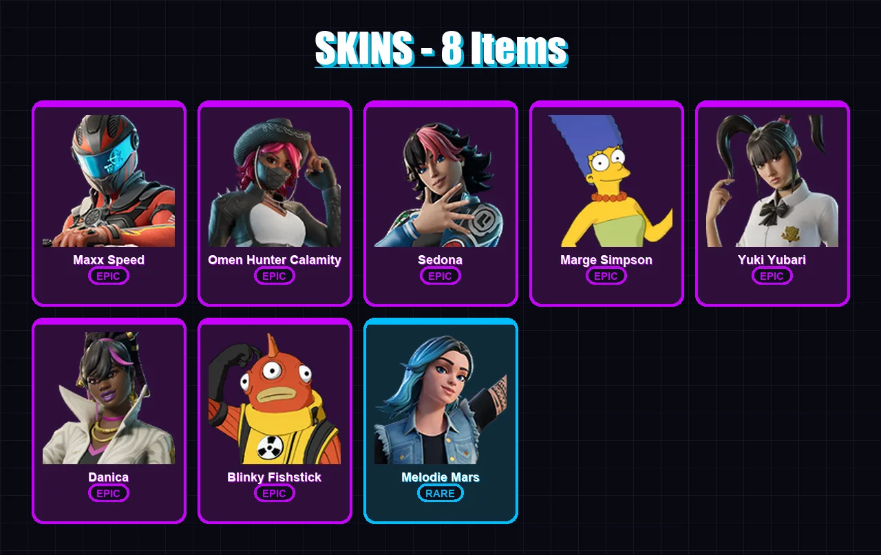 [PC/PSN] | Maxx Speed | Omen Hunter Calamity | Sedona | Marge Simpson | Yuki Yubari | 8 skin | 8 pickaxe | 3 emote | 3 glider | Lv32