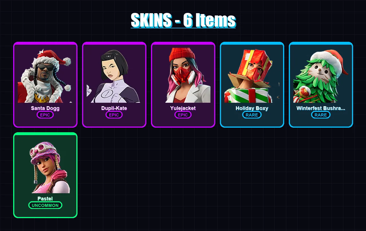 [PC/XBOX/PSN] | Santa Dogg | Dupli-Kate | Yulejacket | Holiday Boxy | Winterfest Bushranger | 6 skin | 20 pickaxe | 11 emote | 17 glider | Lv190