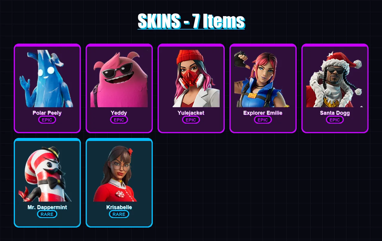 [PC] | Polar Peely | Yeddy | Yulejacket | Explorer Emilie | Santa Dogg | 7 skin | 39 pickaxe | 19 emote | 23 glider | Lv407