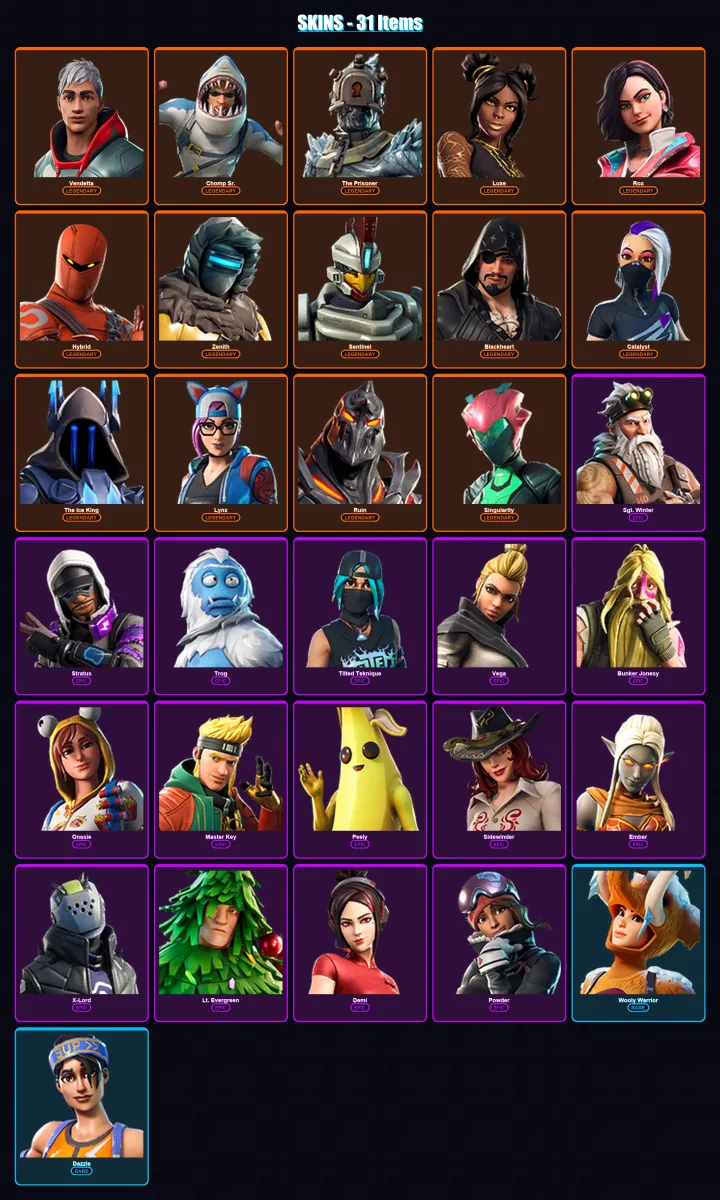 [PC/XBOX/PSN] | Vendetta | Chomp Sr. | The Prisoner | Luxe | Rox | 31 skin | 30 pickaxe | 48 emote | 41 glider | Lv578
