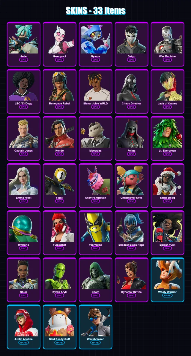 [PC/XBOX] | Jade | Gwenpool | Nyanja | Daigo | War Machine | 33 skin | 73 pickaxe | 50 emote | 51 glider | Lv632