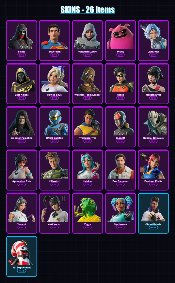 [PC/XBOX] | Felina | Superman | Vanguard Zadie | Yeddy | Lightrider | 26 skin | 65 pickaxe | 34 emote | 47 glider | Lv676