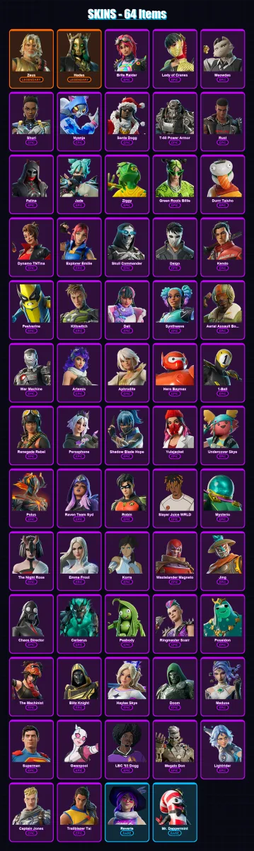 [PS4/PS5/XBOX/PC] | Zeus | Hades | Brite Raider | Lady of Cranes | Meowdas | 64 skin | 109 pickaxe | 83 emote | 77 glider | Lv1348